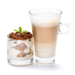 Classic tiramisu dessert in a glass and cup of coffee isolated on a white background with clipping path