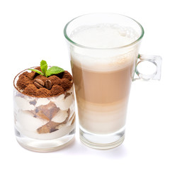 Classic tiramisu dessert in a glass and cup of coffee isolated on a white background with clipping path
