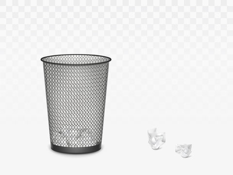 Trash can with crumpled paper inside and around. Office, home litter bin for thrown sheets, wastepaper garbage basket isolated on transparent background. 3d Realistic vector illustration, clip art