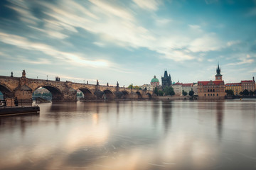 Beautiful morning view with Vltava river and Charles bridge in Prague, Czech Repiblic