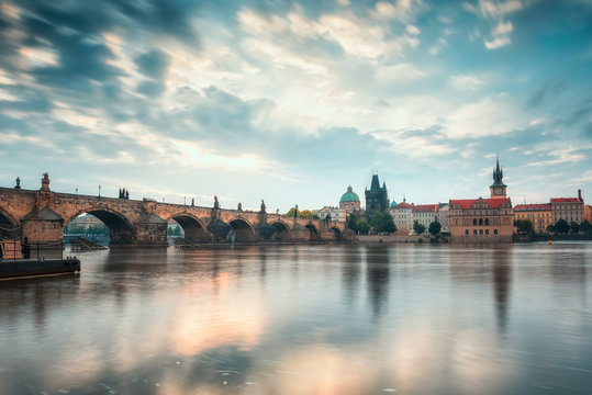 Beautiful morning view with Vltava river and Charles bridge in Prague, Czech Repiblic