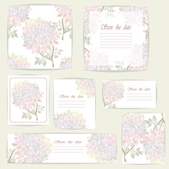 Set beautiful cards and seamless pattern with Rhododendron flowers, design elements. Can be used for birthday, Valentines Day, wedding cards, invitations, greetings. Vector illustration. EPS 10