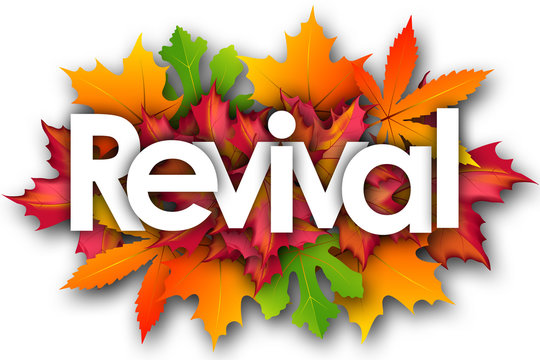 revival word and autumn leaves background