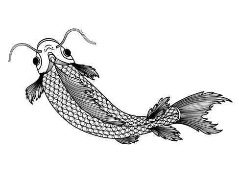 Hand drawn of fish isolated. For tattoo art, coloring books. Black and white version. Vector illustration. EPS 10
