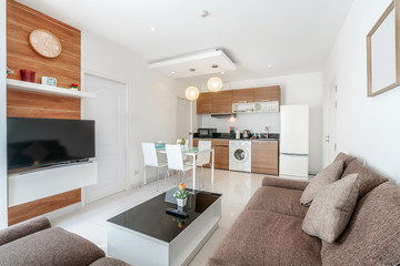 interior design in living room with kitchen area