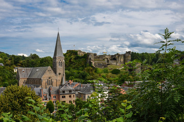 Fototapeta na wymiar View over the Saint Nicholas Church and the Castle in La Roche-en-Ardenne, Belgium