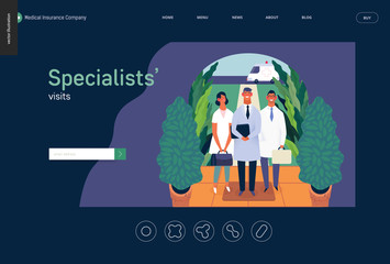 Medical insurance -specialists visit -modern flat vector concept digital illustration - medical specialists standing at the private residence entrance door Home medical service, part of insurance plan