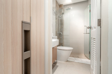 Fototapeta na wymiar Luxury bathroom features basin, toilet bowl