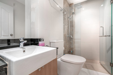 Naklejka na ściany i meble Luxury bathroom features basin, toilet bowl