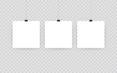 Blank hanging photo frames or poster templates isolated on transparent background. Photo picture hanging, frame paper gallery portfolio illustration vector
