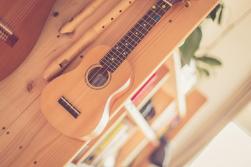 Ukulele: Close up of an ukulele, ready to play, hanging on a wooden bookshelf
