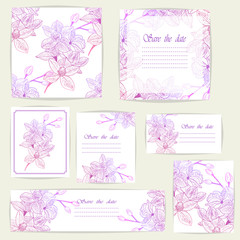 Set beautiful cards and seamless pattern with Orchid flowers, design elements. Can be used for birthday, Valentines Day, Mothers Day ,wedding cards, invitations, greetings. Vector illustration. EPS 10