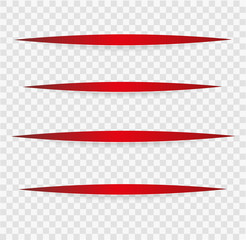 Vector realistic red Cuts in paper sheet with a shadow on transparent background. 3d incision in the paper. horizontal parallel lines.