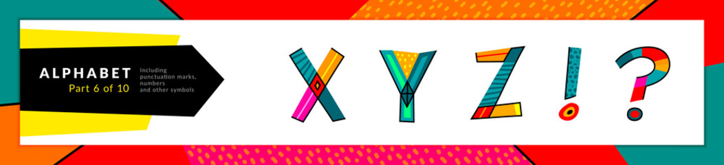 Font and alphabet. Vector stylized colorful x, y, z letters, and punctuation marks set. Typography design and illustration. Funky Font and fun typeset.