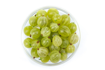 Fresh gooseberries on plate on Isolated white background. Berries