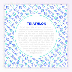 Triathlon concept with thin line icons: runner, swimmer, cycling race, stopwatch, starting, gun, sport glasses, start, victory, success. Modern vector illustration for banner, print media.