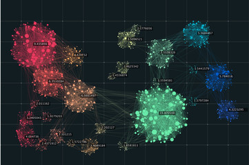 Data visualization. Graph of connected nodes. Cluster analysis. Big data network. Analytics abstract background. Information clustering.