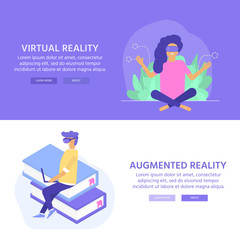 Virtual reality concept for landing page design with character of people wearing goggle headset and touching vr interface