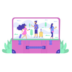 Set of baggage, laggage and young cute people ready for adventure. Travel and tourism concept for website