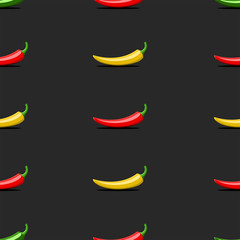 Seamless pattern mexican vegetables red, green, yellow bitter chili peppers on a black background, menu cover for a mexican restaurant or print on fabric
