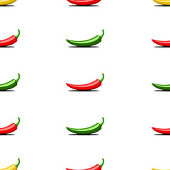 Colorful vegetables red, green, yellow bitter chilli peppers seamless pattern on a white background, creative idea for a print on the fabric on the theme of organic products