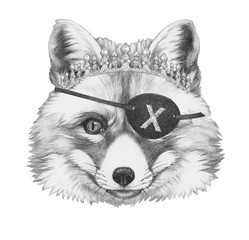Portrait of Fox with diadem and eye patch. Hand-drawn illustration. 