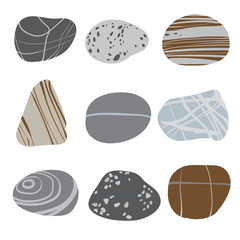 Colorful sea pebbles. Set of images in flat style . A variety of gray, beige, blue stones on the beach.