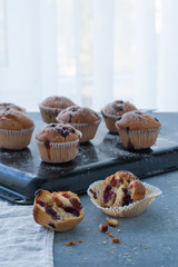 Homemade muffins with powdered sugar and fresh berries