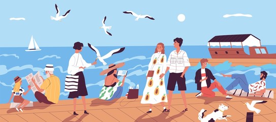 Cute happy people walking along quay or seafront and feeding seagulls against sea or ocean with sail boats on background. Vacation at seaside resort. Flat cartoon colorful vector illustration.
