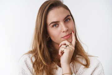 Confident creative female magazine editor thinking new article standing self-assured inspired...