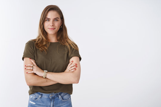 Attractive confident creative good-looking female bossy employee cross arms chest self-assured pose smiling assertive ready accomplish goals feeling lucky standing white background