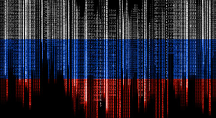 technology, national security and data hacking concept - binary system code in colors of russian flag over black background