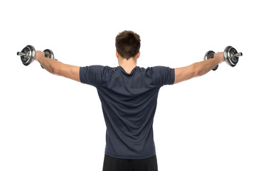 Fototapeta na wymiar sport, bodybuilding, fitness and people concept - young man with dumbbells flexing muscles over white background from back
