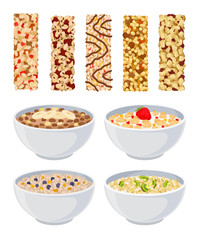 Set of dry muesli and in a bowl. Vector illustration on white background.