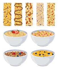 Set of dry muesli and cereal. Vector illustration on white background.