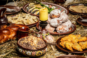 Christmas Eve, night before the christmas table,traditional Christmas table in ukraine, on wooden table