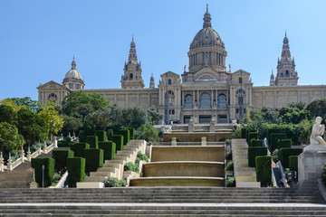 Fototapeta na wymiar Mount Montjuic. View of Barcelona from the upper steps of the grand staircase of the National Palace. From the observation deck offers a beautiful view of the city.