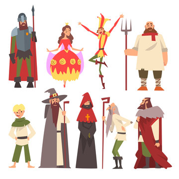 European Medieval Characters Set, Knight, Wizard, King, Princess, Peasant, Jester, People in Historical Costumes Vector Illustration