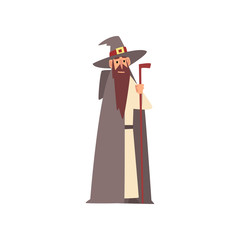 Medieval Wizard Character, Man Wearing Mantle and Pointed Hat With Magic Staff Vector Illustration