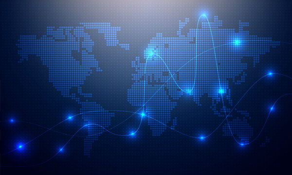 Abstract Background lighting line technilogy concept with world map. Indicators invesment stock market background.