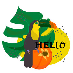 Obraz premium toucan with tropical flower and leave background, card, strelitzia