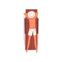 Young Man Sunbathing on Beach Towel, Top View of Lying Guy in Hat Vector Illustration