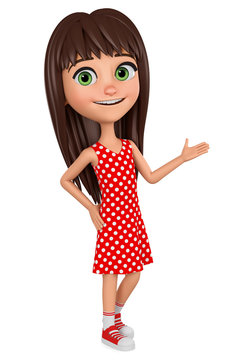 Character cartoon girl points hand at empty space on a white background. 3d rendering illustration.