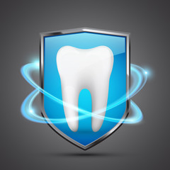 Tooth protection concept, healthy tooth inside the shield. Vector illustration