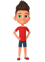 Cartoon character boy with hands on hips on white background. 3d render illustration. Illustration for advertising.