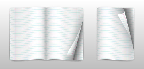 Open notebook template with strips and folded sheet. Mockup magazine or notepad for text. Light background.