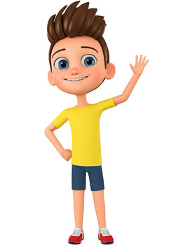 Cartoon character boy raised his hand in greeting. 3d render illustration. Illustration for advertising.