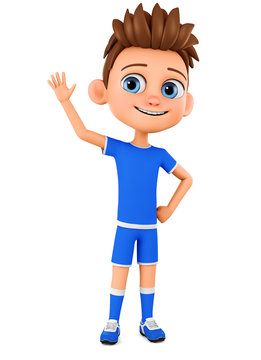 Cartoon character boy in sport uniform raised his hand in greeting. 3d render illustration. Illustration for advertising.