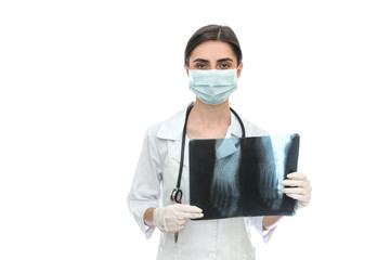 Doctor showing patient's x-ray isolated on white