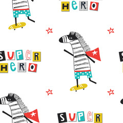 Super Hero - Cute and fun kids seamless pattern with zebra and lettering. Vector illustration